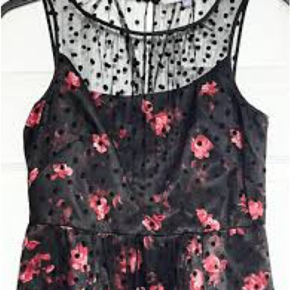 Luxe by Carmen Marc Valvo Dress Black Mesh Polka Dot Red Floral Cocktail Party - Picture 2 of 4